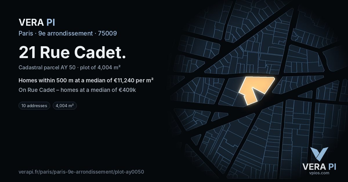 21 Rue Cadet, 9e arrondissement at night – the plot lit, the parcels around coloured by the prices near them