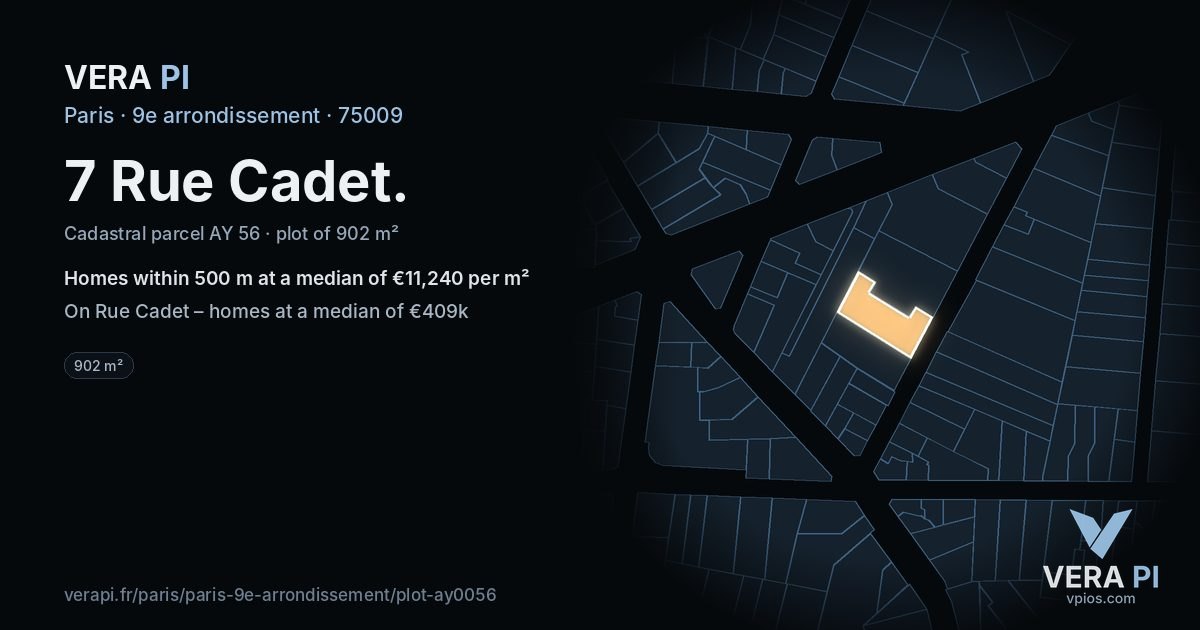 7 Rue Cadet, 9e arrondissement at night – the plot lit, the parcels around coloured by the prices near them