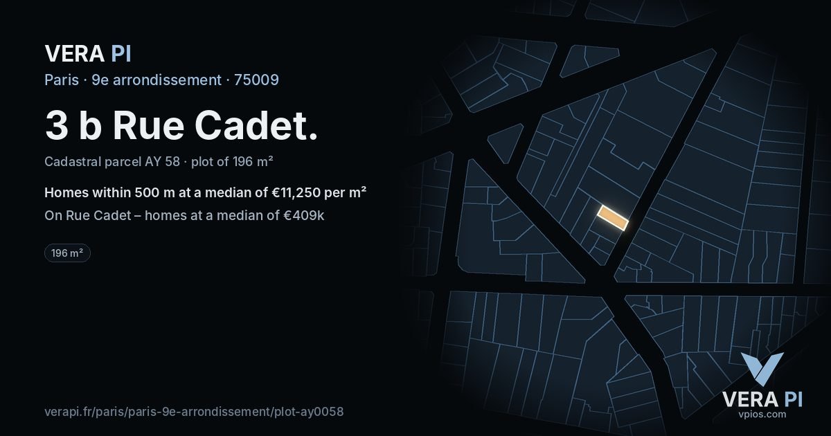 3 b Rue Cadet, 9e arrondissement at night – the plot lit, the parcels around coloured by the prices near them