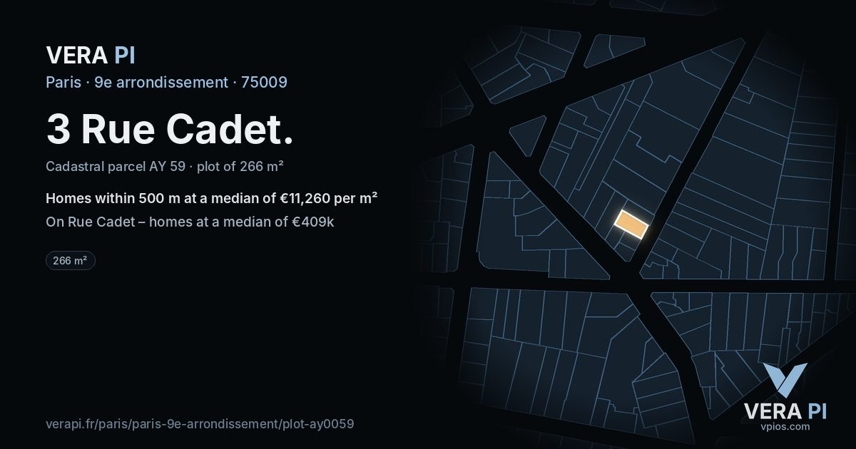 3 Rue Cadet, 9e arrondissement at night – the plot lit, the parcels around coloured by the prices near them