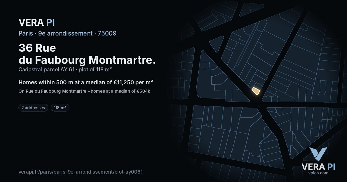 36 Rue du Faubourg Montmartre, 9e arrondissement at night – the plot lit, the parcels around coloured by the prices near them
