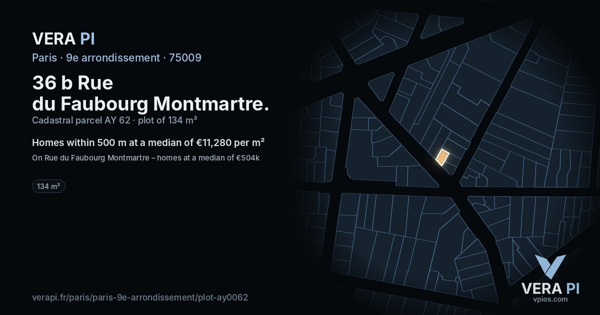 36 b Rue du Faubourg Montmartre, 9e arrondissement at night – the plot lit, the parcels around coloured by the prices near them