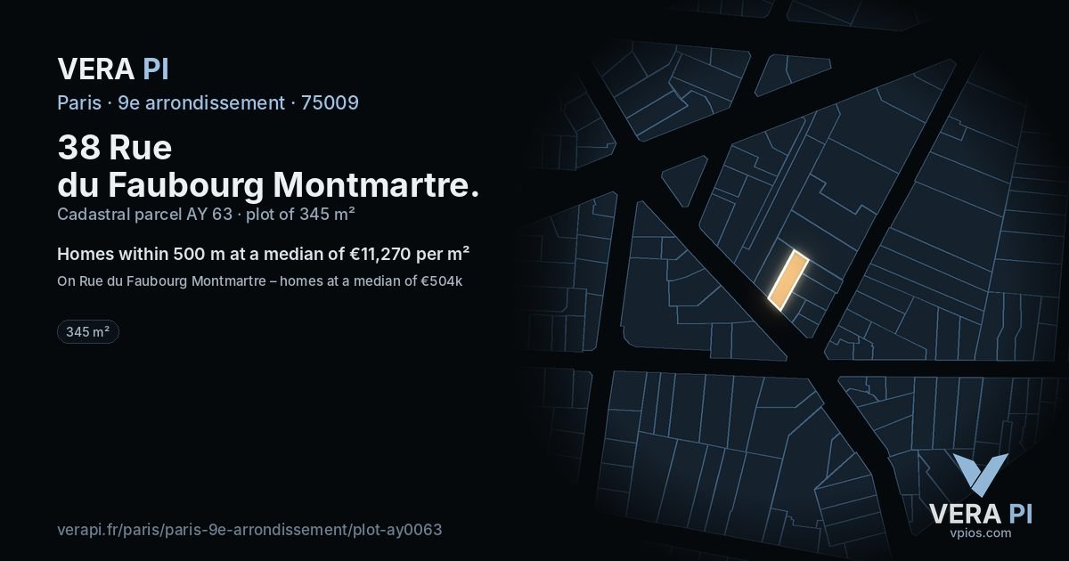 38 Rue du Faubourg Montmartre, 9e arrondissement at night – the plot lit, the parcels around coloured by the prices near them