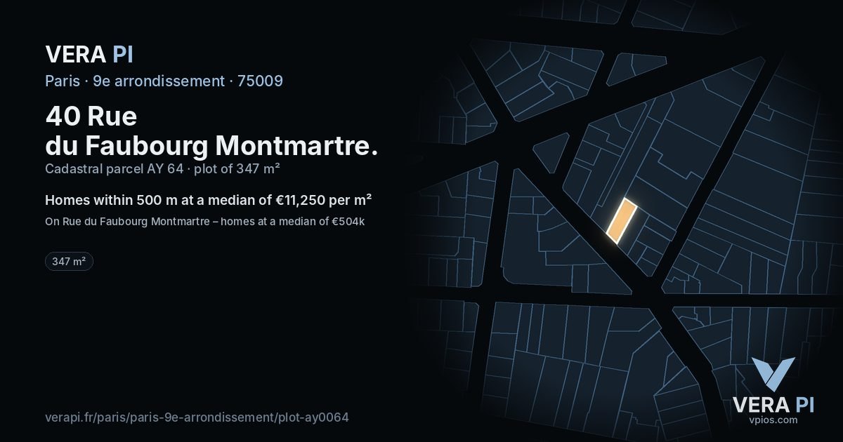 40 Rue du Faubourg Montmartre, 9e arrondissement at night – the plot lit, the parcels around coloured by the prices near them