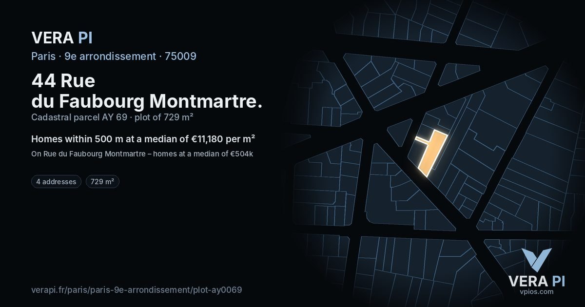 44 Rue du Faubourg Montmartre, 9e arrondissement at night – the plot lit, the parcels around coloured by the prices near them