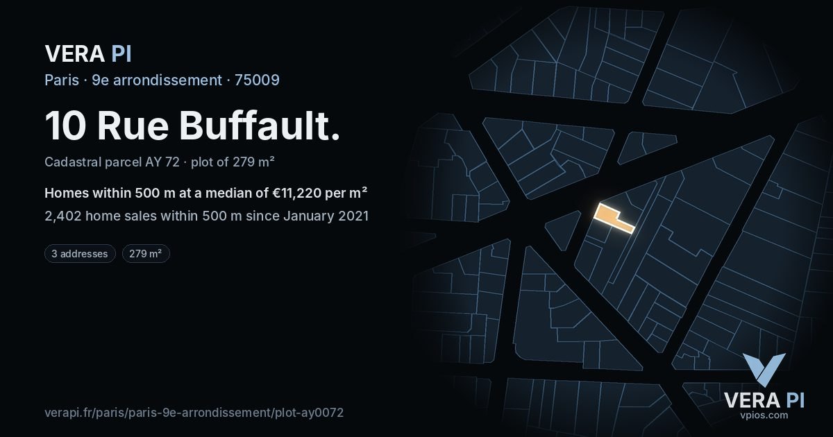 10 Rue Buffault, 9e arrondissement at night – the plot lit, the parcels around coloured by the prices near them
