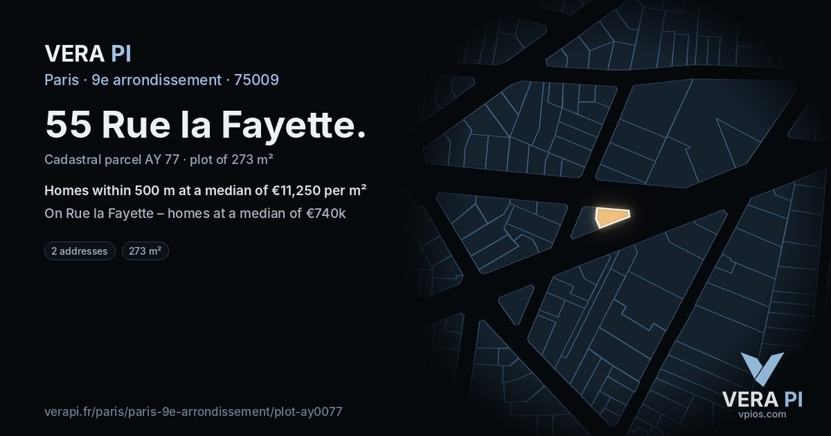 55 Rue la Fayette, 9e arrondissement at night – the plot lit, the parcels around coloured by the prices near them