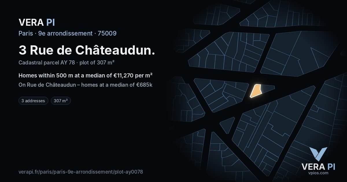 3 Rue de Châteaudun, 9e arrondissement at night – the plot lit, the parcels around coloured by the prices near them