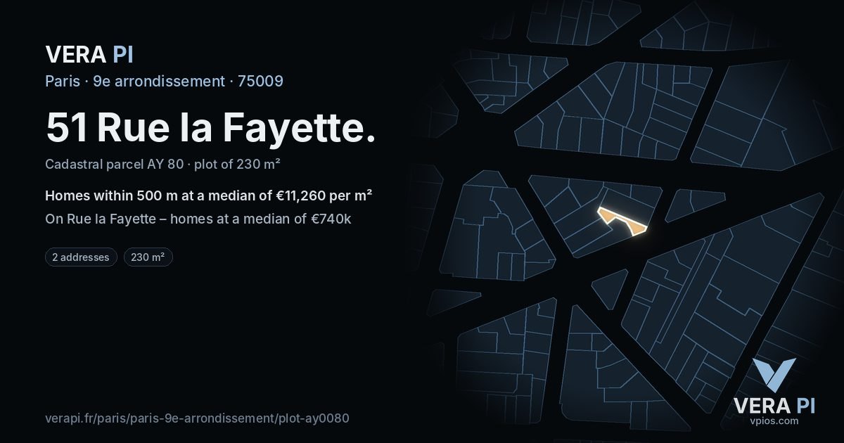 51 Rue la Fayette, 9e arrondissement at night – the plot lit, the parcels around coloured by the prices near them