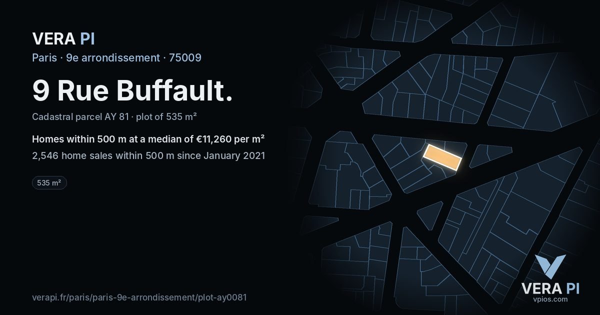 9 Rue Buffault, 9e arrondissement at night – the plot lit, the parcels around coloured by the prices near them