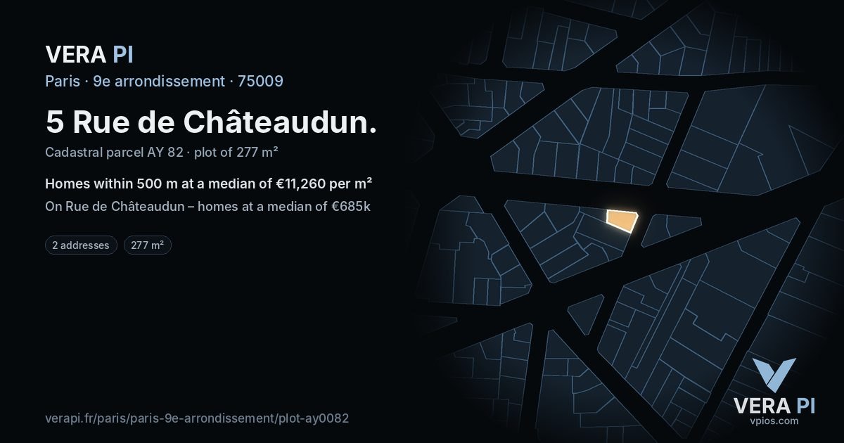 5 Rue de Châteaudun, 9e arrondissement at night – the plot lit, the parcels around coloured by the prices near them