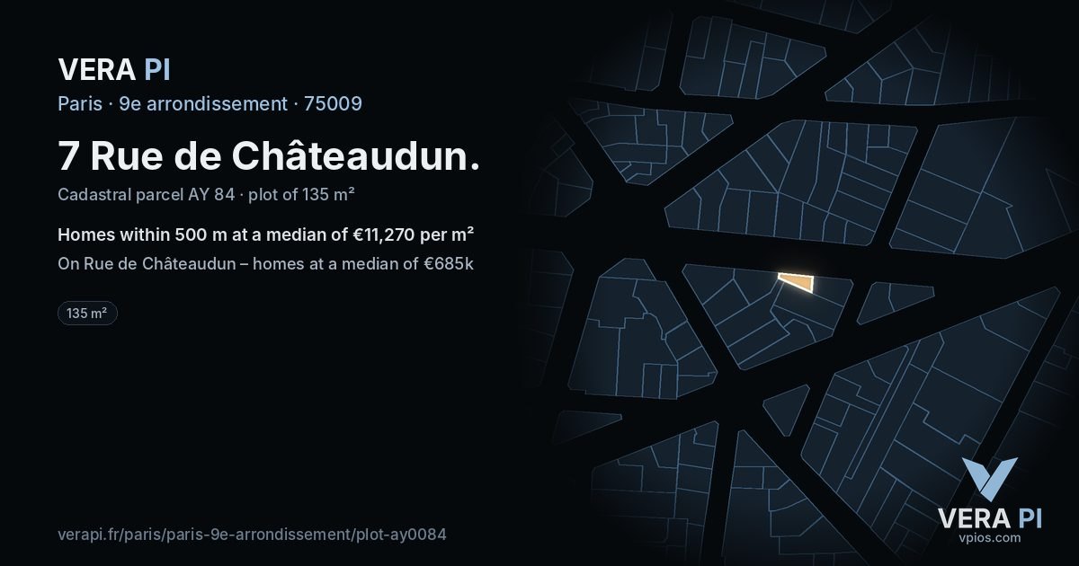 7 Rue de Châteaudun, 9e arrondissement at night – the plot lit, the parcels around coloured by the prices near them