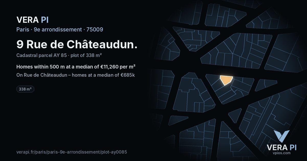 9 Rue de Châteaudun, 9e arrondissement at night – the plot lit, the parcels around coloured by the prices near them