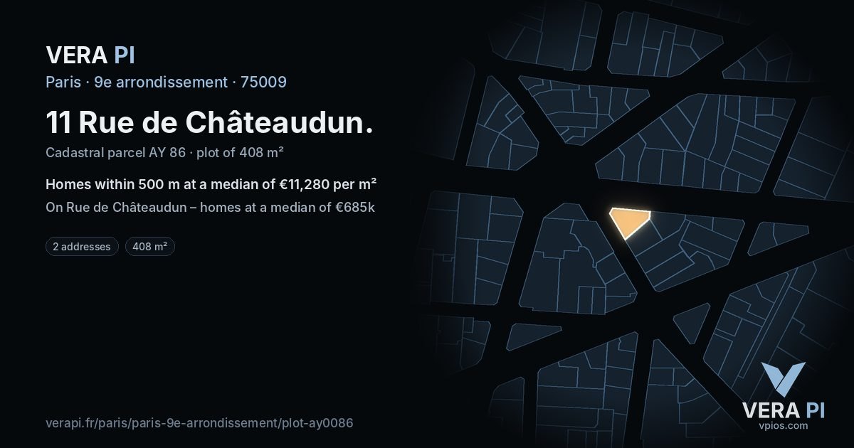11 Rue de Châteaudun, 9e arrondissement at night – the plot lit, the parcels around coloured by the prices near them