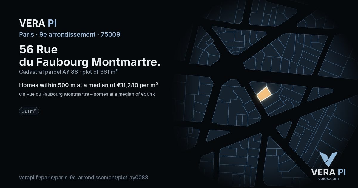 56 Rue du Faubourg Montmartre, 9e arrondissement at night – the plot lit, the parcels around coloured by the prices near them