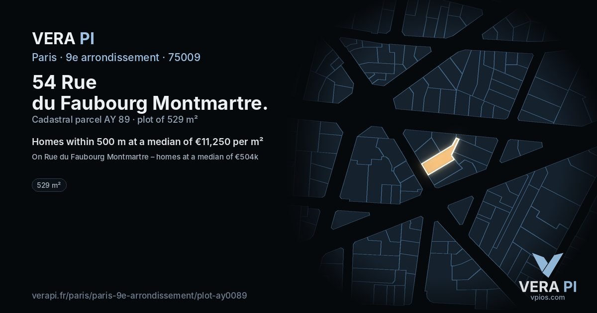 54 Rue du Faubourg Montmartre, 9e arrondissement at night – the plot lit, the parcels around coloured by the prices near them