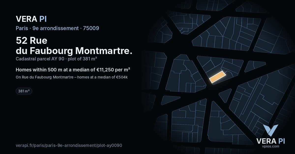 52 Rue du Faubourg Montmartre, 9e arrondissement at night – the plot lit, the parcels around coloured by the prices near them