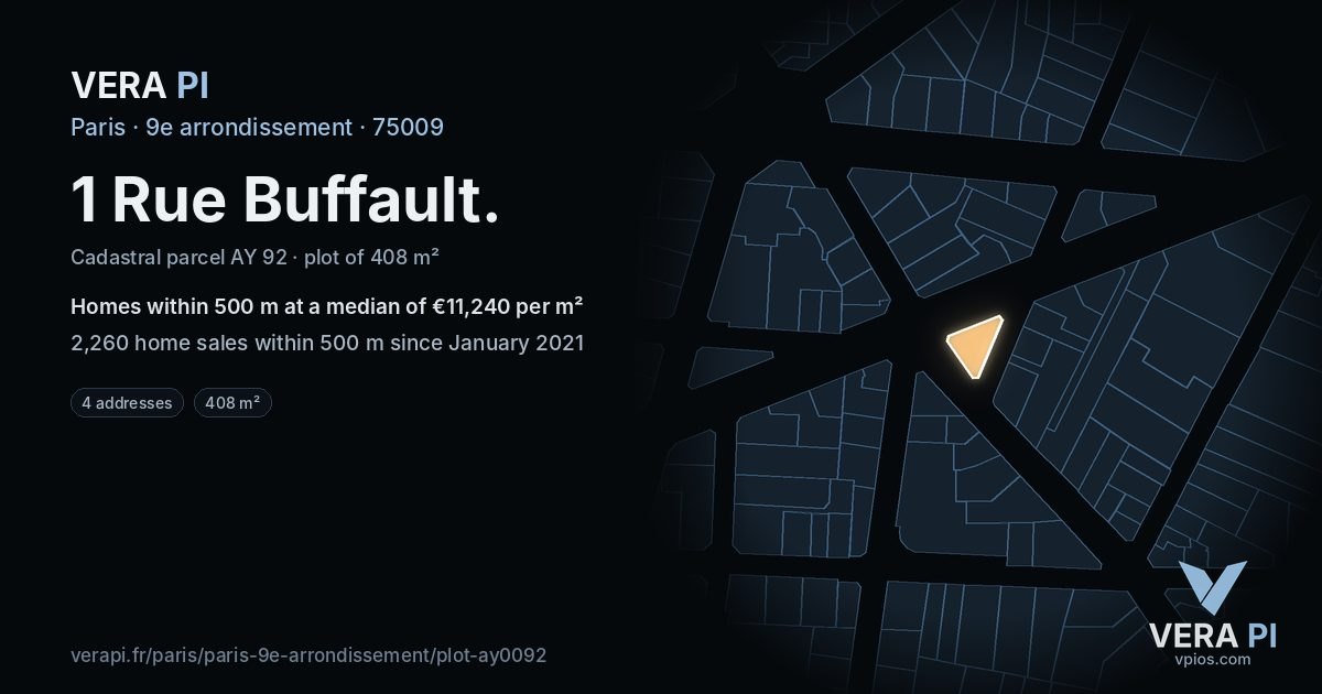 1 Rue Buffault, 9e arrondissement at night – the plot lit, the parcels around coloured by the prices near them