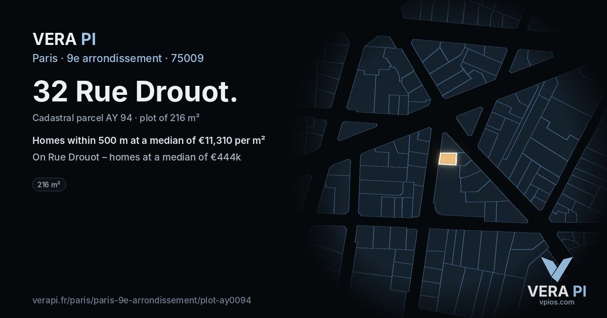 32 Rue Drouot, 9e arrondissement at night – the plot lit, the parcels around coloured by the prices near them