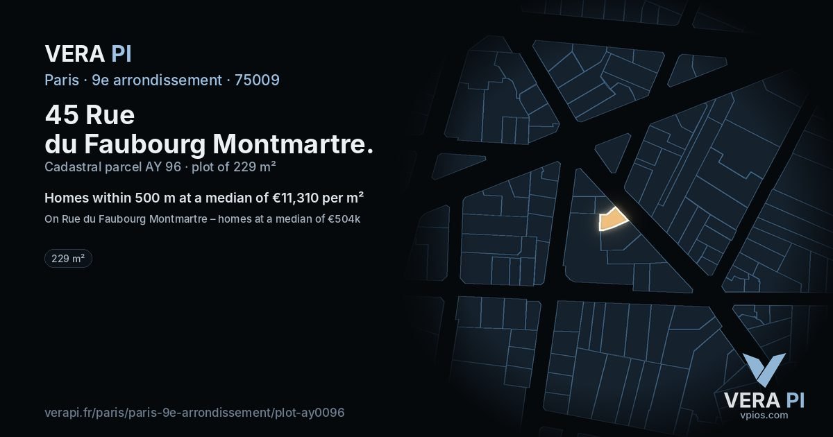 45 Rue du Faubourg Montmartre, 9e arrondissement at night – the plot lit, the parcels around coloured by the prices near them