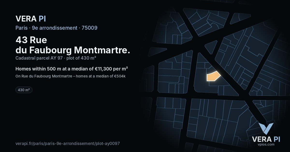 43 Rue du Faubourg Montmartre, 9e arrondissement at night – the plot lit, the parcels around coloured by the prices near them