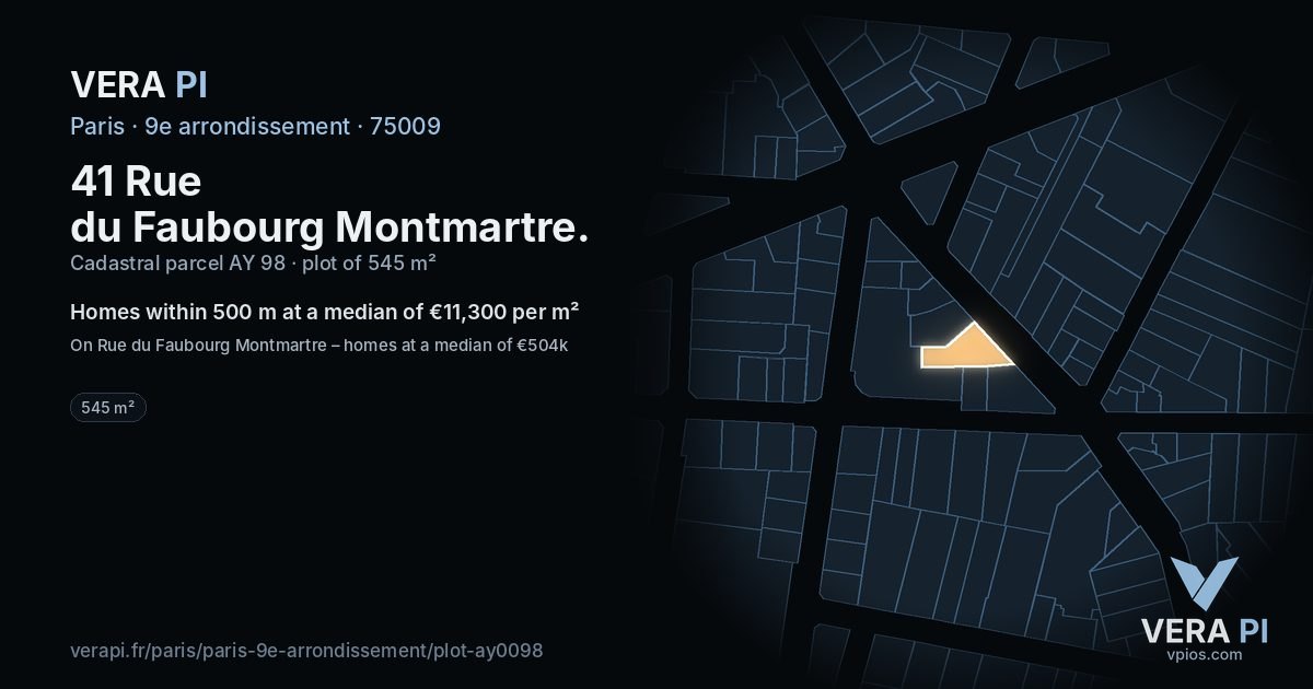 41 Rue du Faubourg Montmartre, 9e arrondissement at night – the plot lit, the parcels around coloured by the prices near them