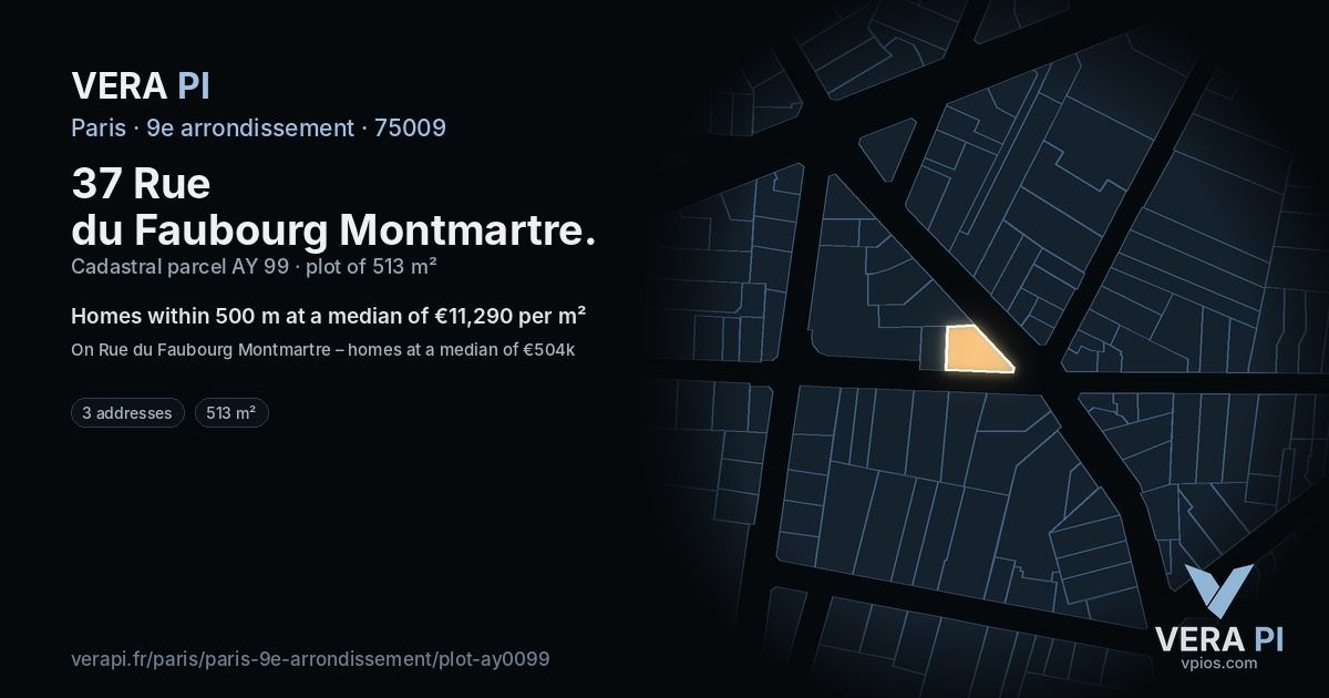37 Rue du Faubourg Montmartre, 9e arrondissement at night – the plot lit, the parcels around coloured by the prices near them