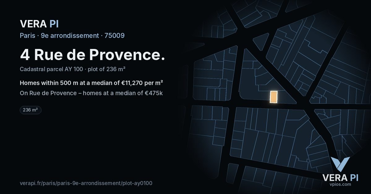 4 Rue de Provence, 9e arrondissement at night – the plot lit, the parcels around coloured by the prices near them