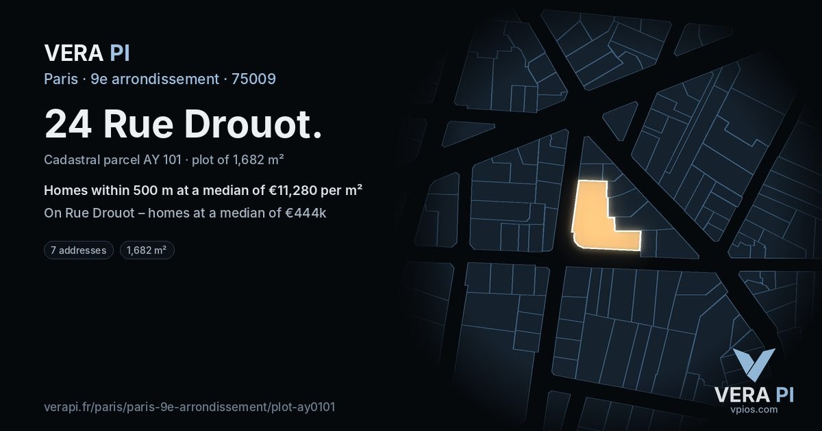 24 Rue Drouot, 9e arrondissement at night – the plot lit, the parcels around coloured by the prices near them