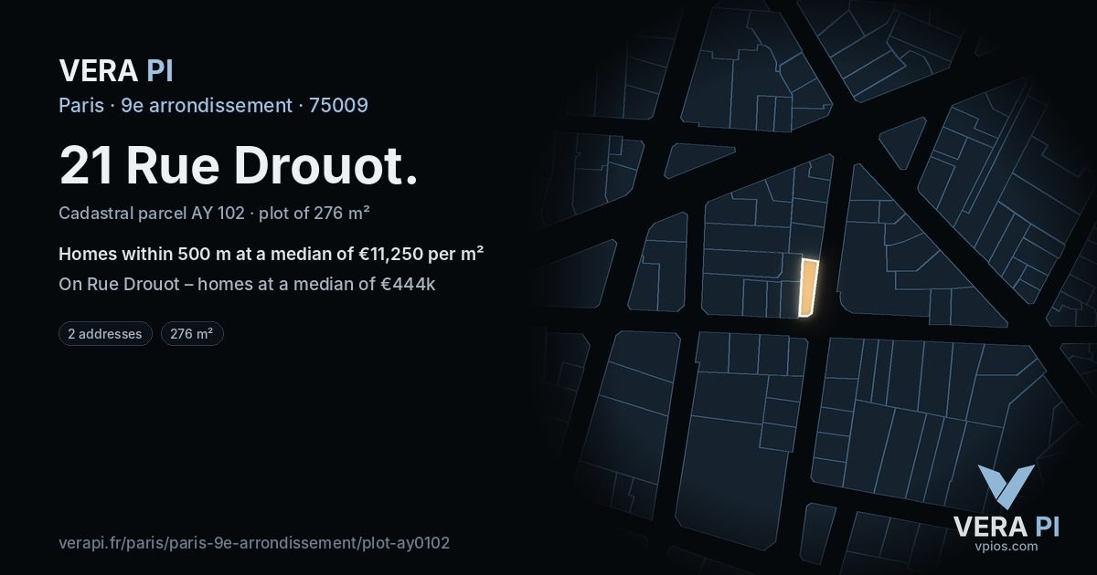 21 Rue Drouot, 9e arrondissement at night – the plot lit, the parcels around coloured by the prices near them