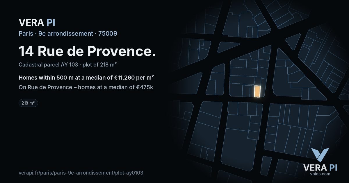 14 Rue de Provence, 9e arrondissement at night – the plot lit, the parcels around coloured by the prices near them