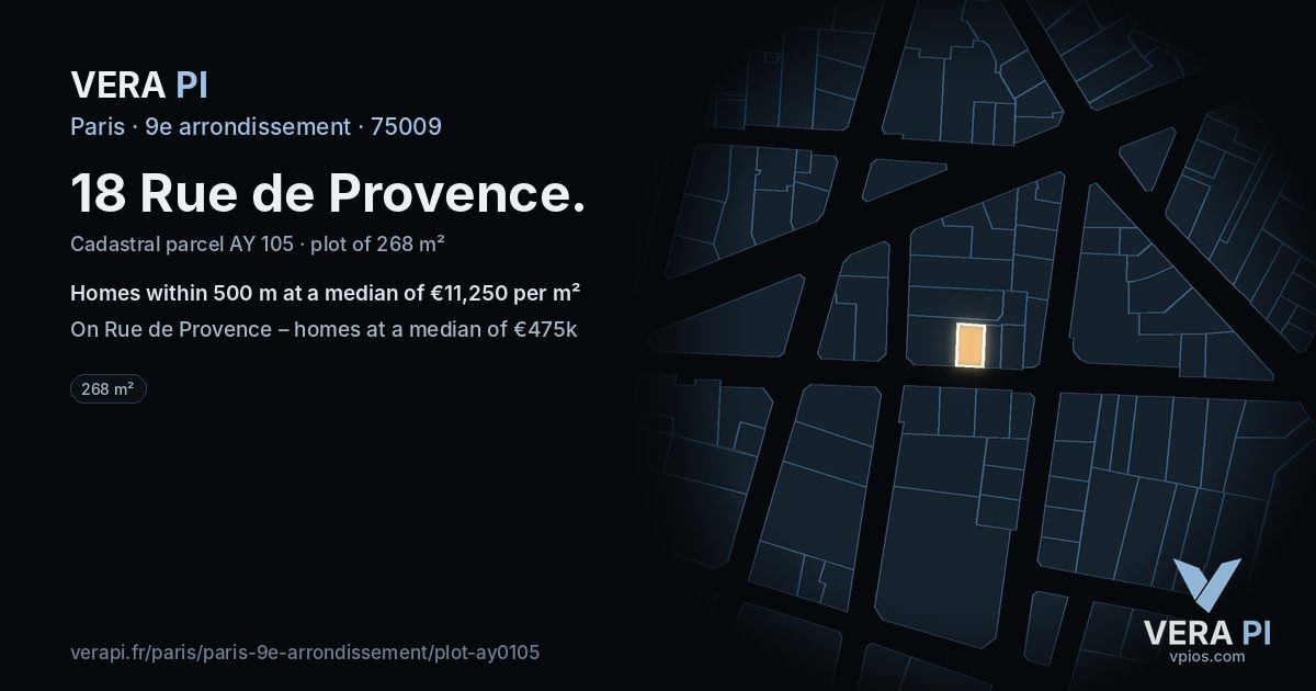 18 Rue de Provence, 9e arrondissement at night – the plot lit, the parcels around coloured by the prices near them