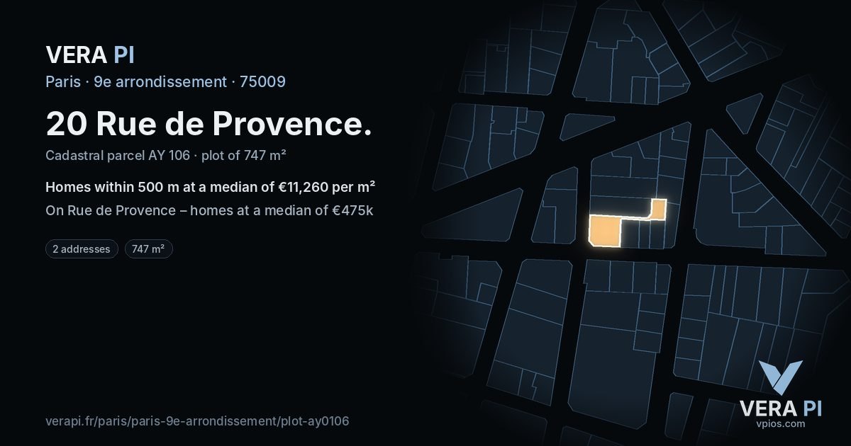 20 Rue de Provence, 9e arrondissement at night – the plot lit, the parcels around coloured by the prices near them