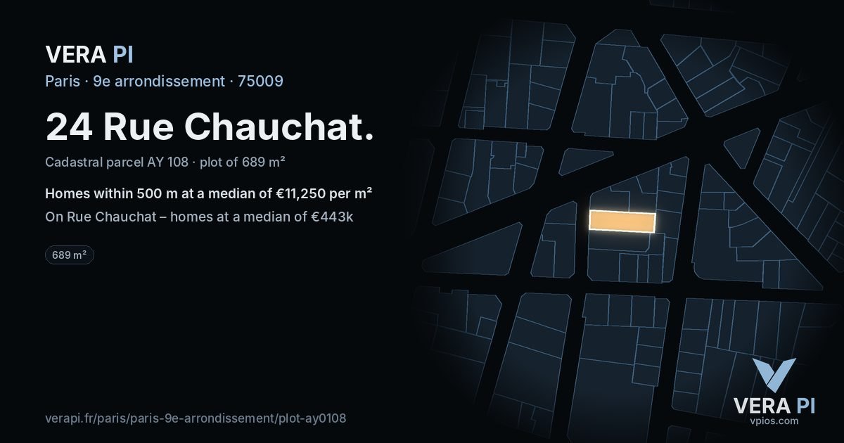 24 Rue Chauchat, 9e arrondissement at night – the plot lit, the parcels around coloured by the prices near them