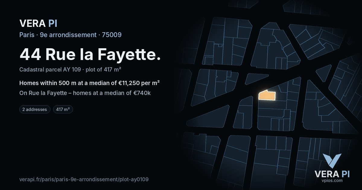 44 Rue la Fayette, 9e arrondissement at night – the plot lit, the parcels around coloured by the prices near them
