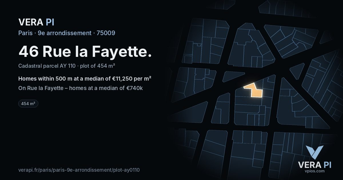 46 Rue la Fayette, 9e arrondissement at night – the plot lit, the parcels around coloured by the prices near them