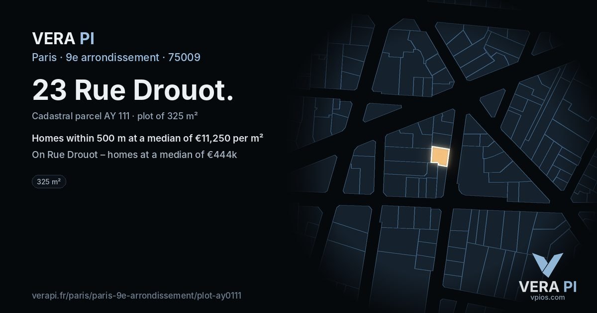 23 Rue Drouot, 9e arrondissement at night – the plot lit, the parcels around coloured by the prices near them