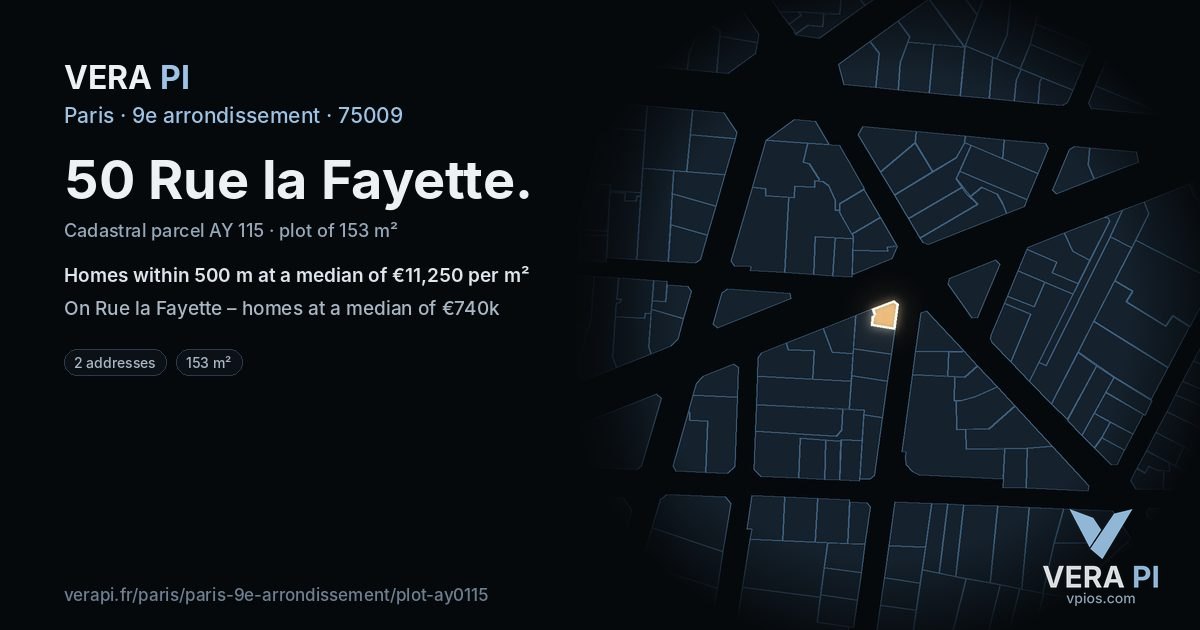 50 Rue la Fayette, 9e arrondissement at night – the plot lit, the parcels around coloured by the prices near them