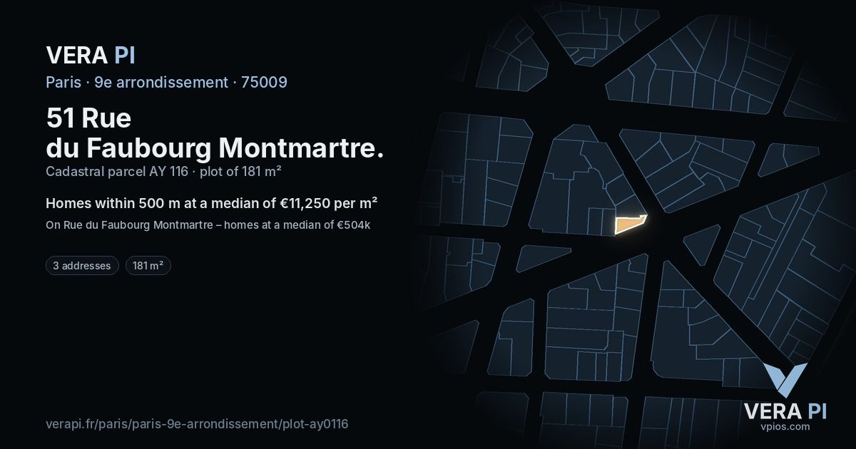 51 Rue du Faubourg Montmartre, 9e arrondissement at night – the plot lit, the parcels around coloured by the prices near them