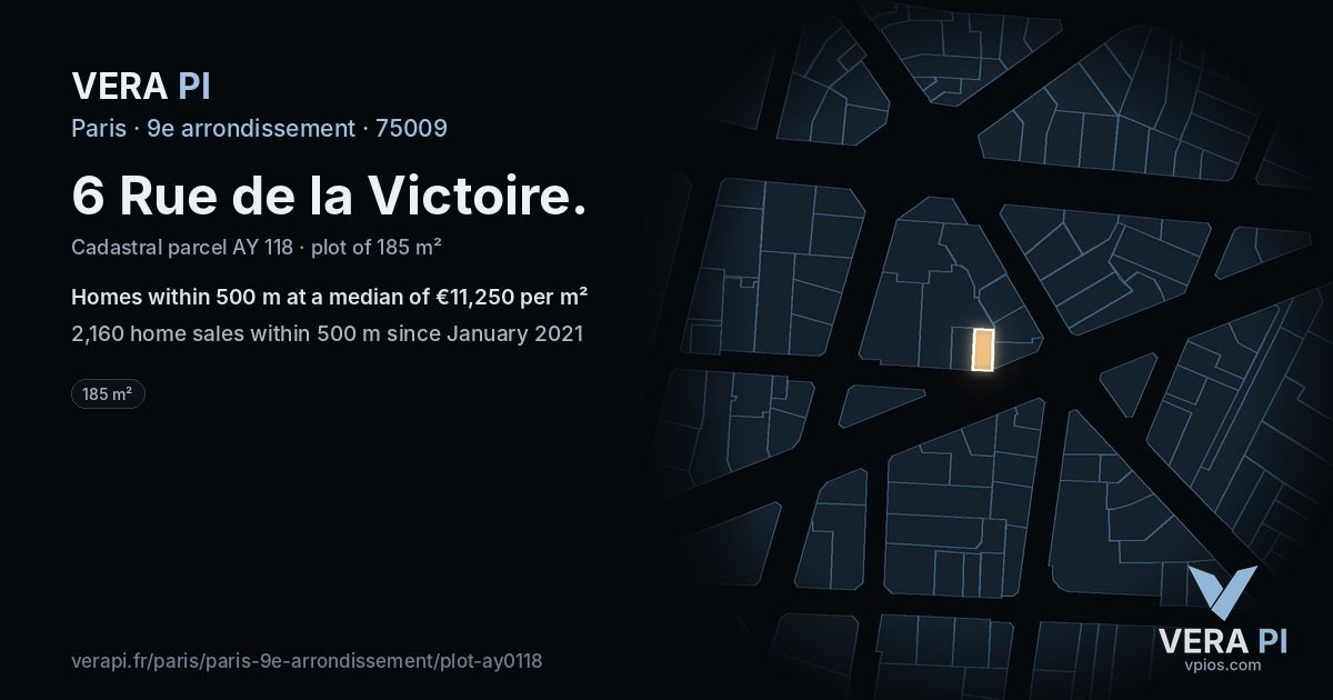 6 Rue de la Victoire, 9e arrondissement at night – the plot lit, the parcels around coloured by the prices near them