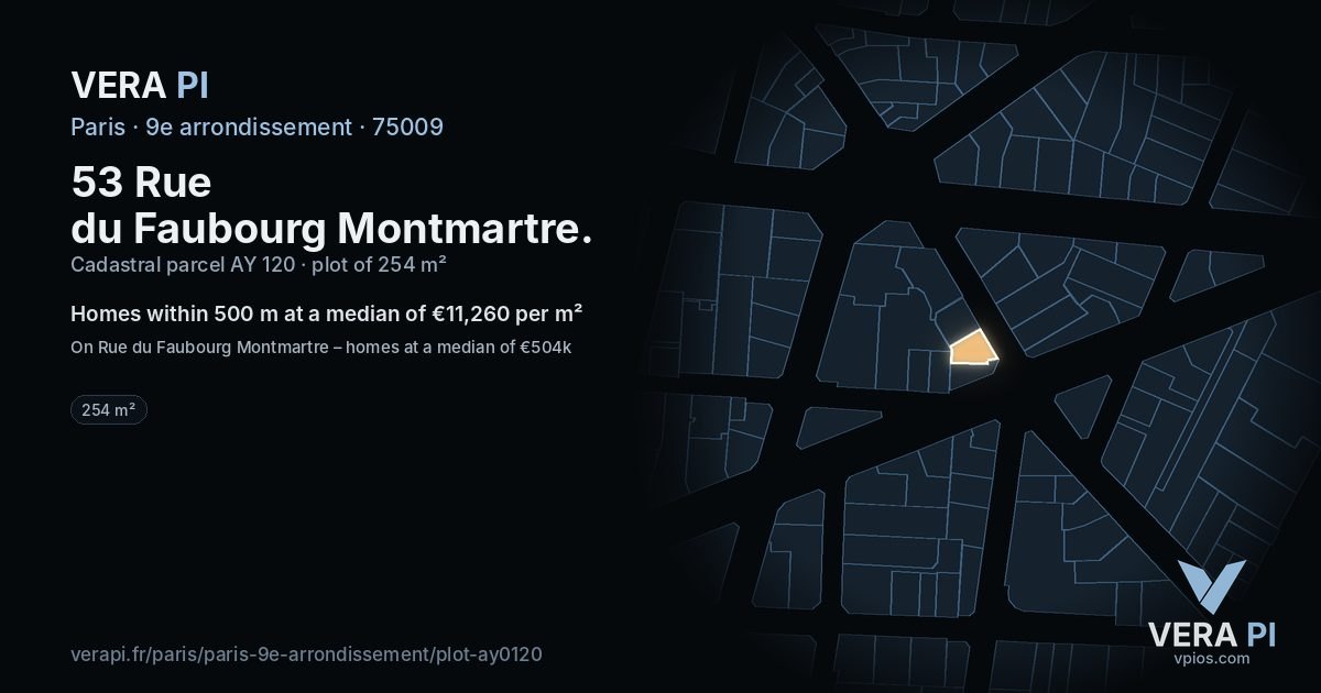 53 Rue du Faubourg Montmartre, 9e arrondissement at night – the plot lit, the parcels around coloured by the prices near them