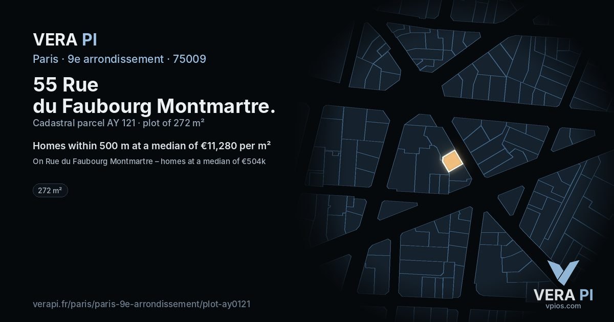 55 Rue du Faubourg Montmartre, 9e arrondissement at night – the plot lit, the parcels around coloured by the prices near them