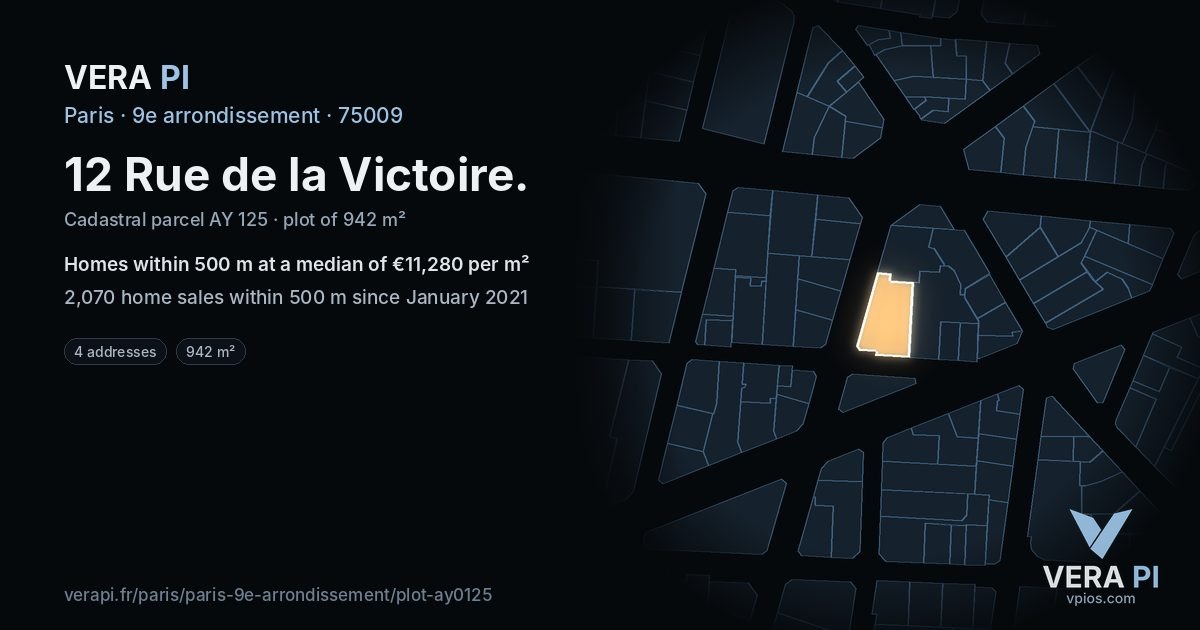 12 Rue de la Victoire, 9e arrondissement at night – the plot lit, the parcels around coloured by the prices near them