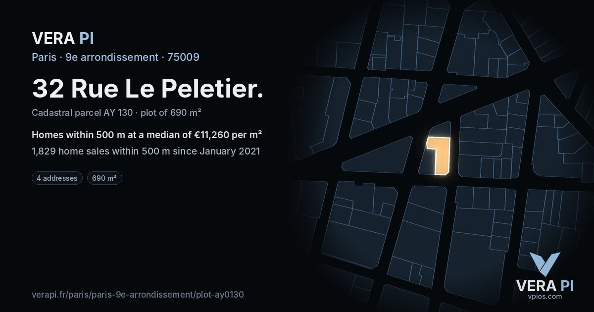 32 Rue Le Peletier, 9e arrondissement at night – the plot lit, the parcels around coloured by the prices near them