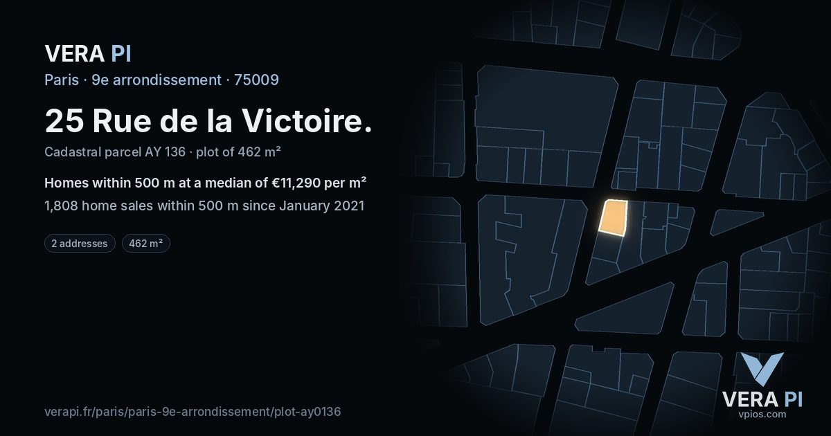 25 Rue de la Victoire, 9e arrondissement at night – the plot lit, the parcels around coloured by the prices near them