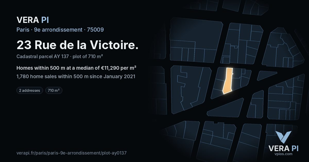 23 Rue de la Victoire, 9e arrondissement at night – the plot lit, the parcels around coloured by the prices near them