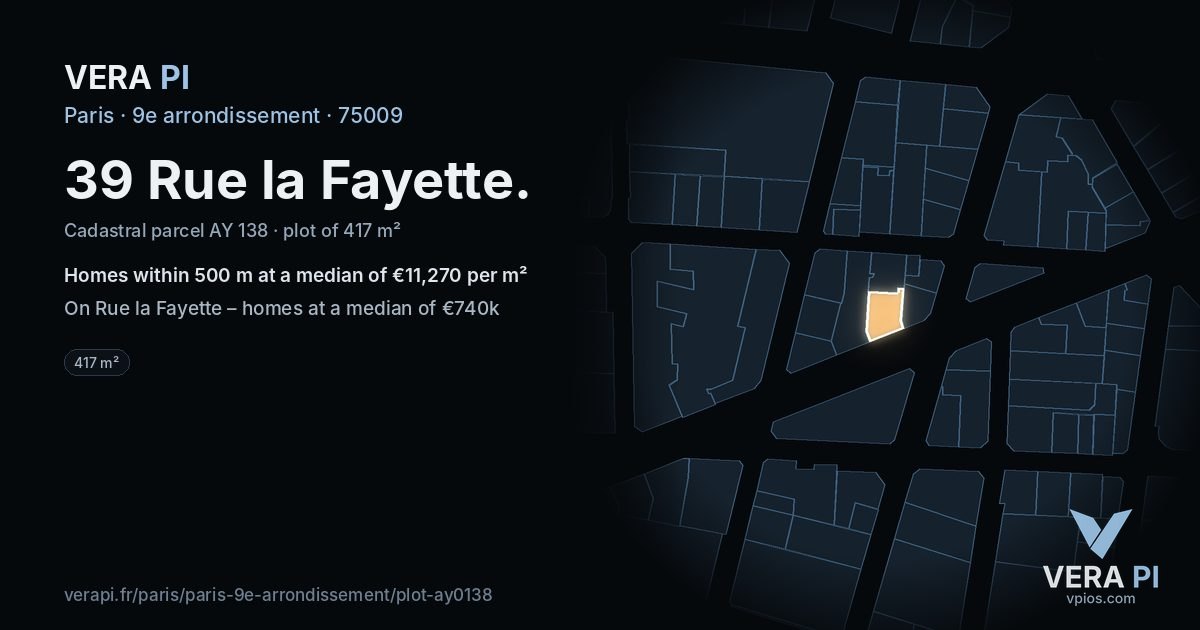 39 Rue la Fayette, 9e arrondissement at night – the plot lit, the parcels around coloured by the prices near them