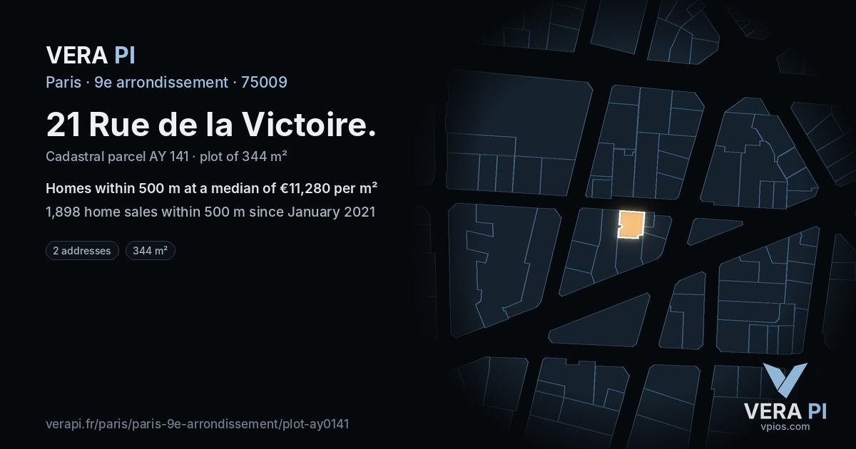 21 Rue de la Victoire, 9e arrondissement at night – the plot lit, the parcels around coloured by the prices near them