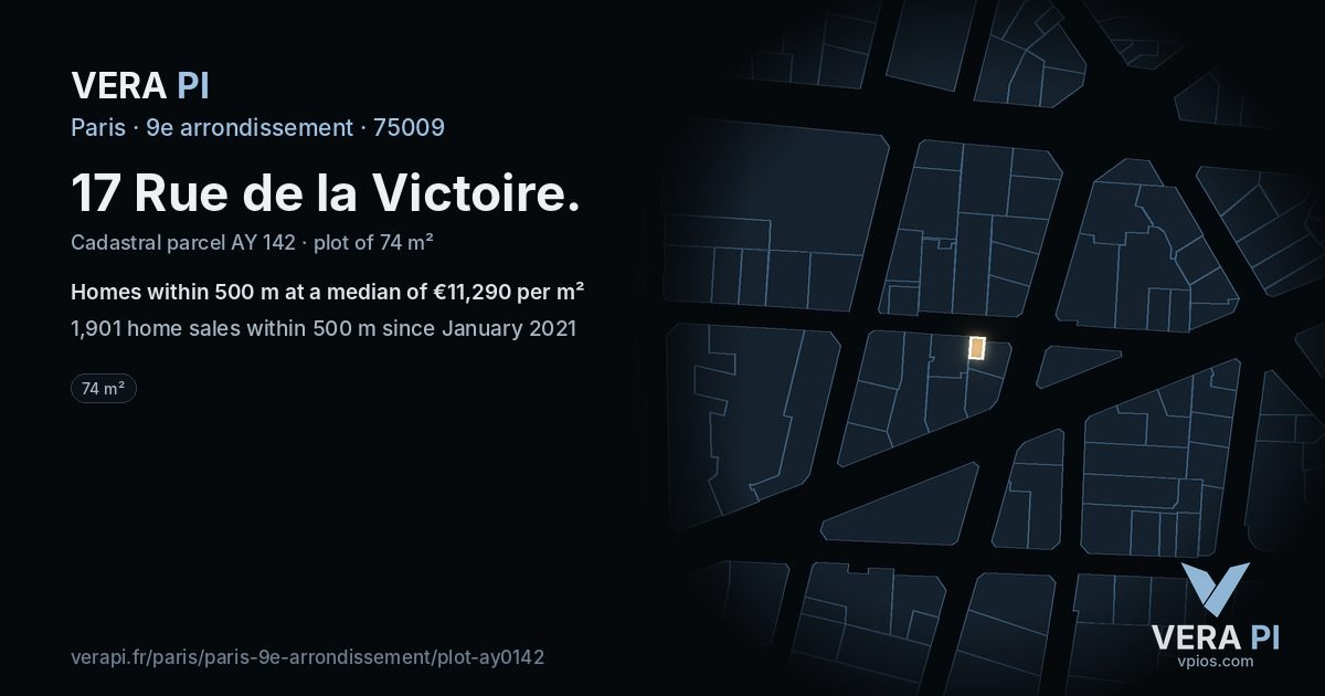 17 Rue de la Victoire, 9e arrondissement at night – the plot lit, the parcels around coloured by the prices near them