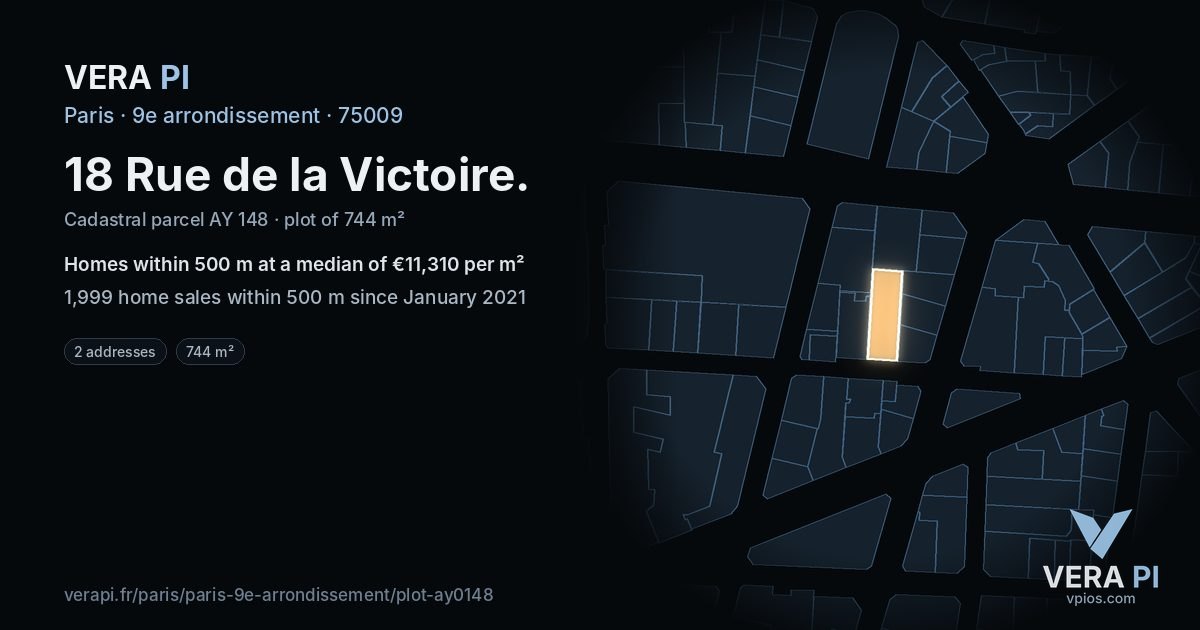 18 Rue de la Victoire, 9e arrondissement at night – the plot lit, the parcels around coloured by the prices near them